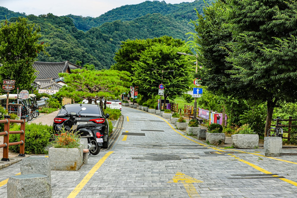 a motorcycle parked on the side of a road