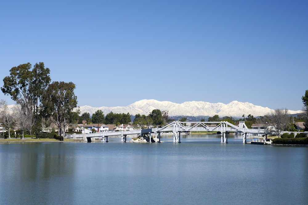 a large body of water with a bridge in the background