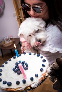 A woman wearing sunglasses holds a small, fluffy white dog close to her. In front of them is a round cake with white frosting, topped with blueberries and two lit candles, one blue and one pink. A curious cat is approaching the cake from the side.