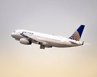 A commercial airplane with white and blue colors is flying in the sky. The aircraft bears the United Airlines logo and has a sleek, modern design with engines visible under the wings.