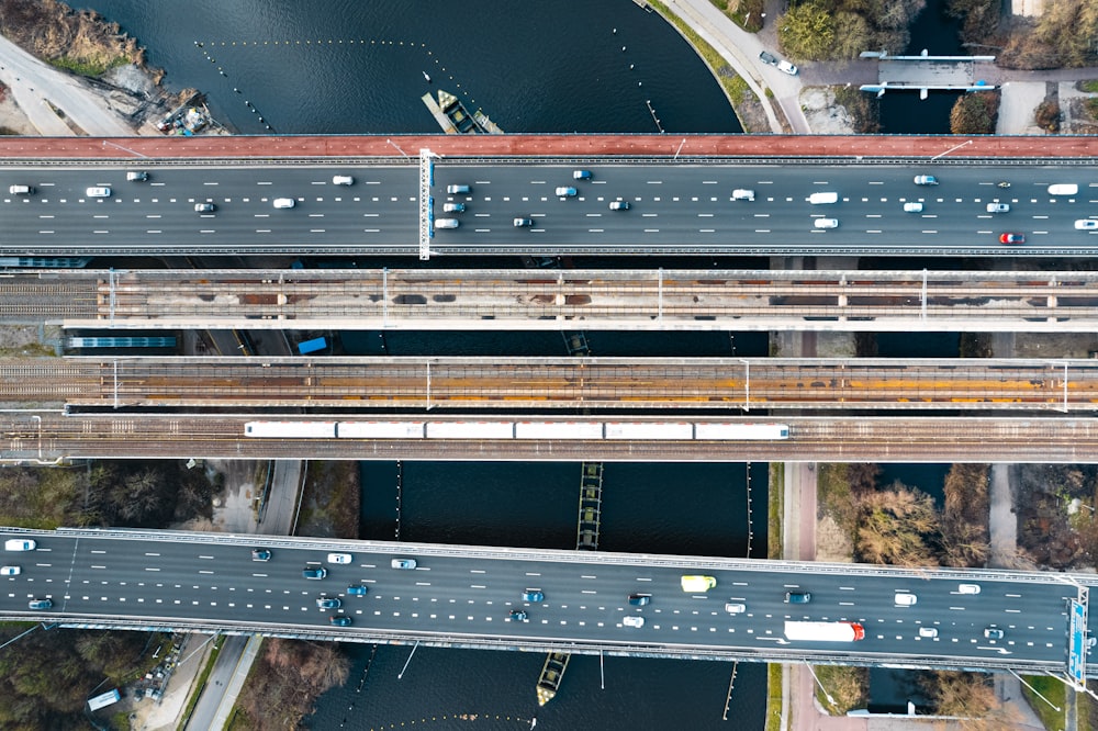 an overhead view of a highway with cars on it