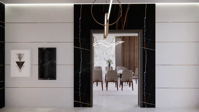A dining room with a table and chairs in it