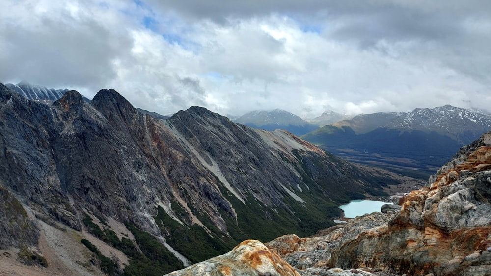 a view of a mountain range with a lake in the middle