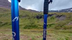 Two blue trekking poles with mountain logos are positioned in the foreground against a backdrop of grassy hills and rocky terrain. The landscape is mountainous, with patches of greenery and small areas of snow visible in the distance under a cloudy sky.