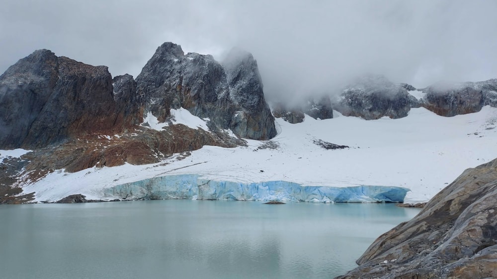 a lake surrounded by snow covered mountains