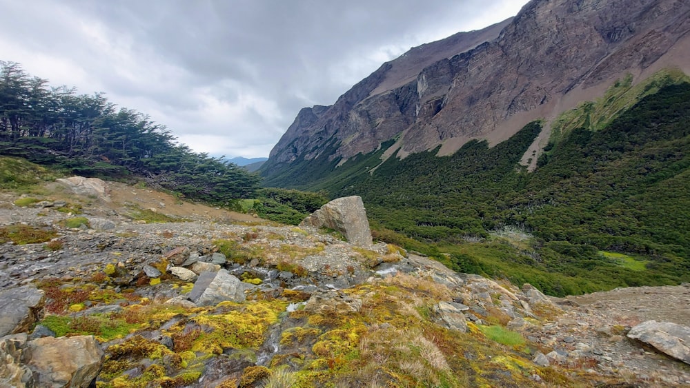 une vue d’une chaîne de montagnes depuis une zone rocheuse