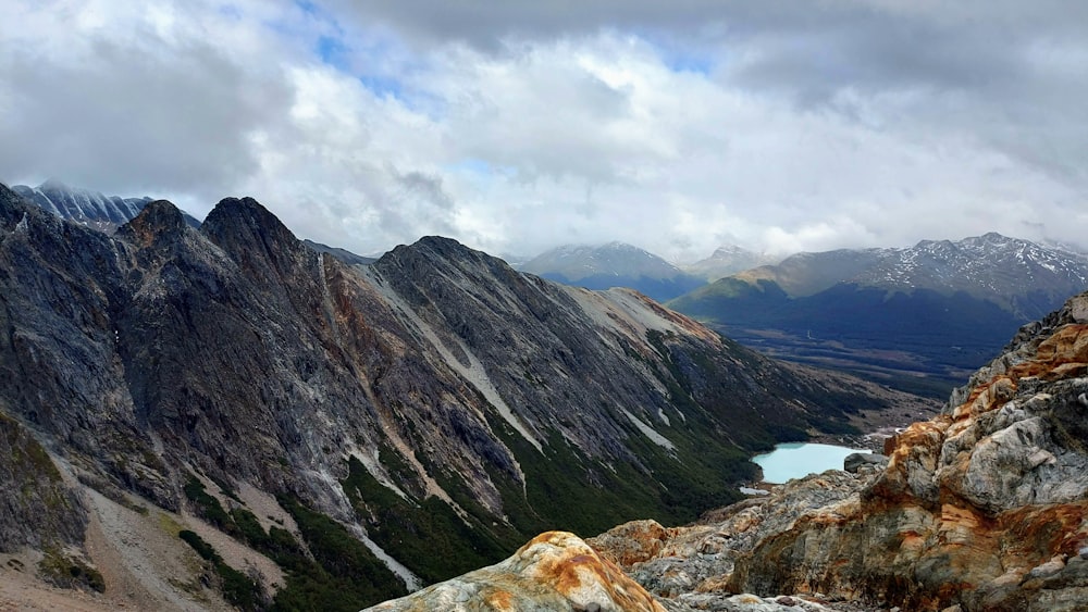 a view of a mountain range with a lake in the middle