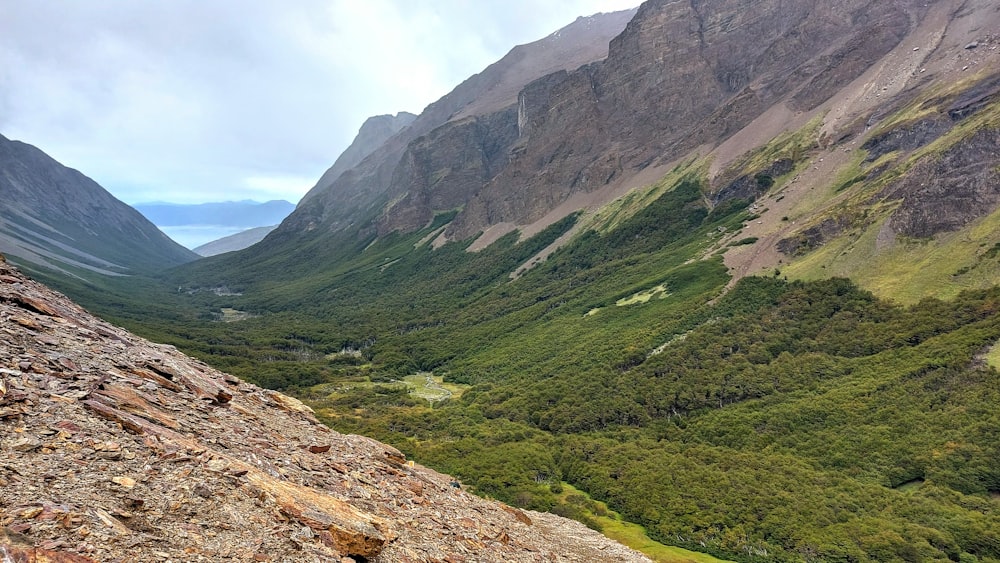 uma vista de um vale com montanhas ao fundo