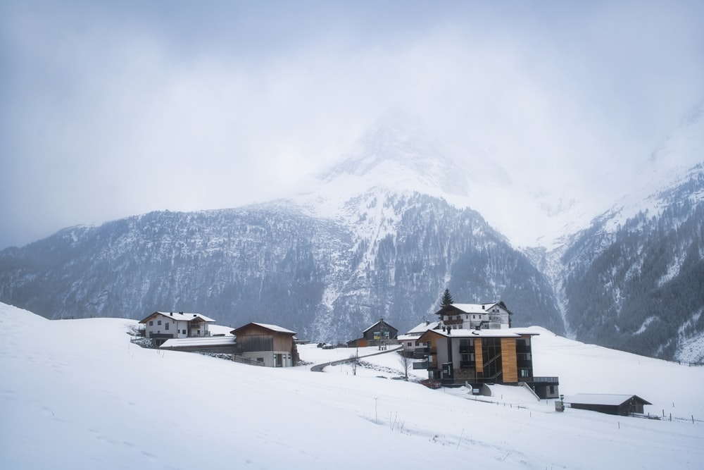 雪に覆われた山と手前に家々