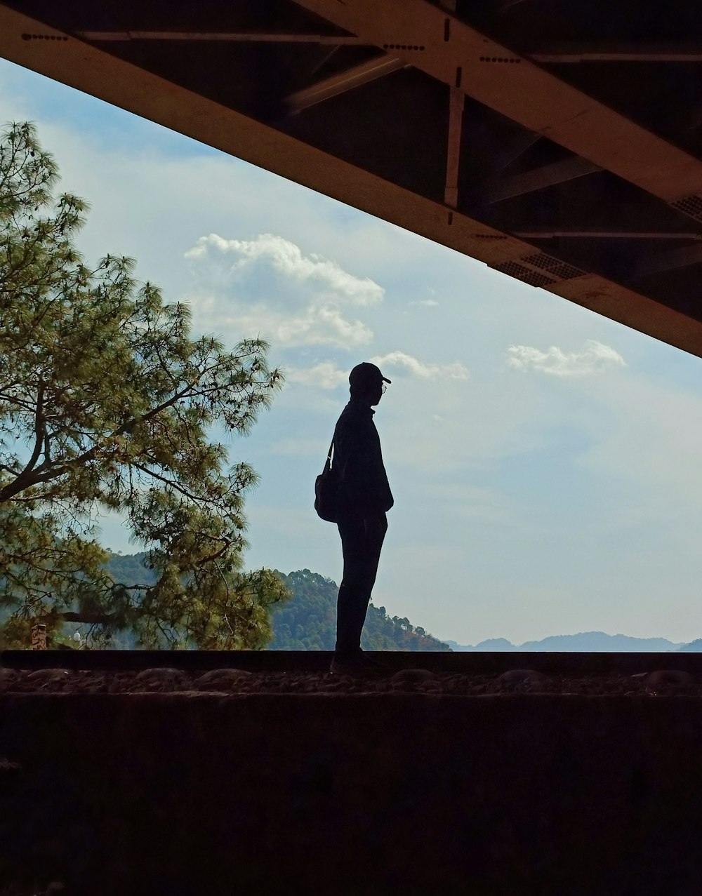 a silhouette of a person standing under a bridge