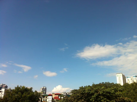 A clear blue sky with scattered white clouds over a city skyline at sunrise.