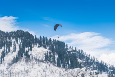 A paraglider is soaring above snow-covered mountains with evergreen trees dispersed on the slopes. The sky is clear with some scattered clouds, providing a serene and exhilarating atmosphere.