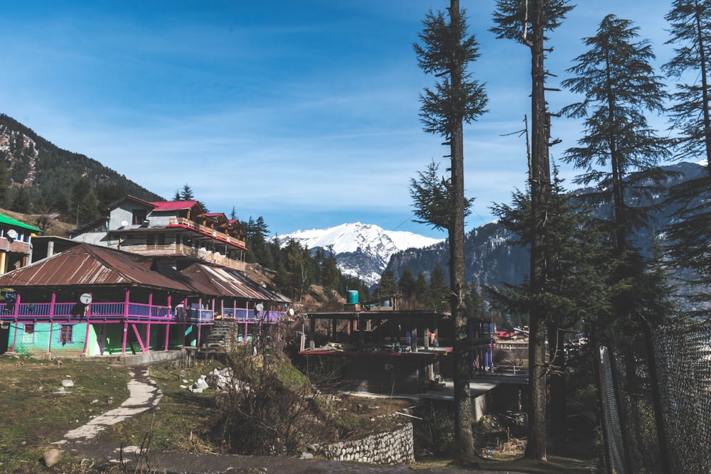 a village with a mountain in the background