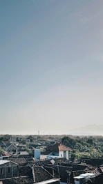 A serene landscape showing fertile earth with a small cluster of modern homes under a clear sky.