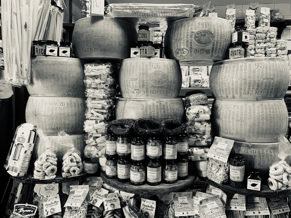 a display in a store filled with lots of cheese