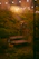 A cozy garden patio featuring warm orange cushions, forest green plants, and soft lighting at dusk.