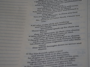 The image contains a close-up view of a page from a book with text focused on religious or philosophical content discussing gods and idols. The text appears on the right side of the page, with a margin on the left showing horizontal dotted lines.