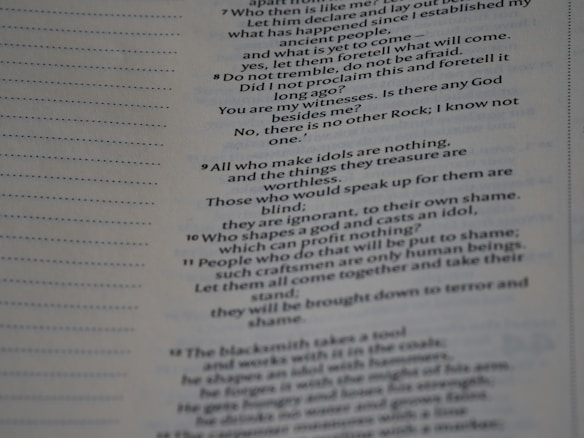 The image contains a close-up view of a page from a book with text focused on religious or philosophical content discussing gods and idols. The text appears on the right side of the page, with a margin on the left showing horizontal dotted lines.