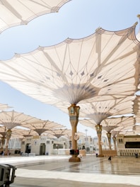 a bunch of umbrellas that are in a building