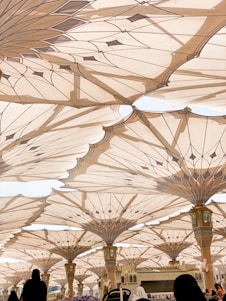 a group of people standing under umbrellas in a building