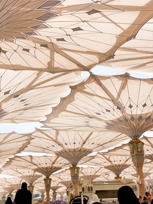 a group of people standing under umbrellas in a building