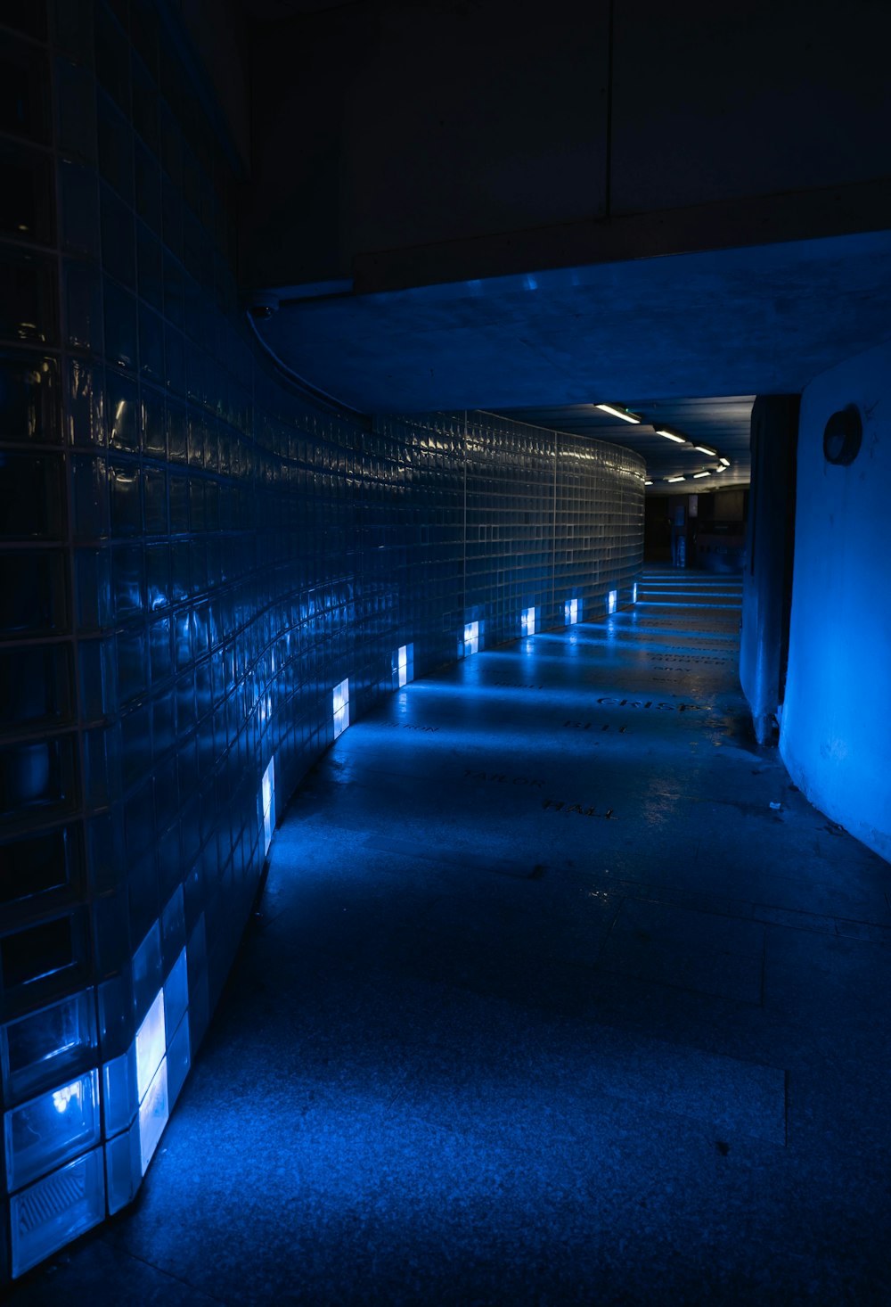 a dark hallway with blue lights on the walls