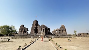 An ancient stone temple with intricate carvings stands majestically in a spacious, open area. A single person in traditional attire is walking towards the temple, which has a prominent shikhara and a flag waving at its pinnacle. The surroundings include a few small trees and shrubs, suggesting a barren landscape with clear blue skies above.