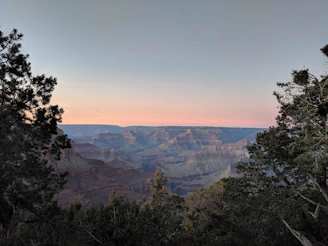Wide shot of the canyon landscape with morning mist and vibrant earth tones