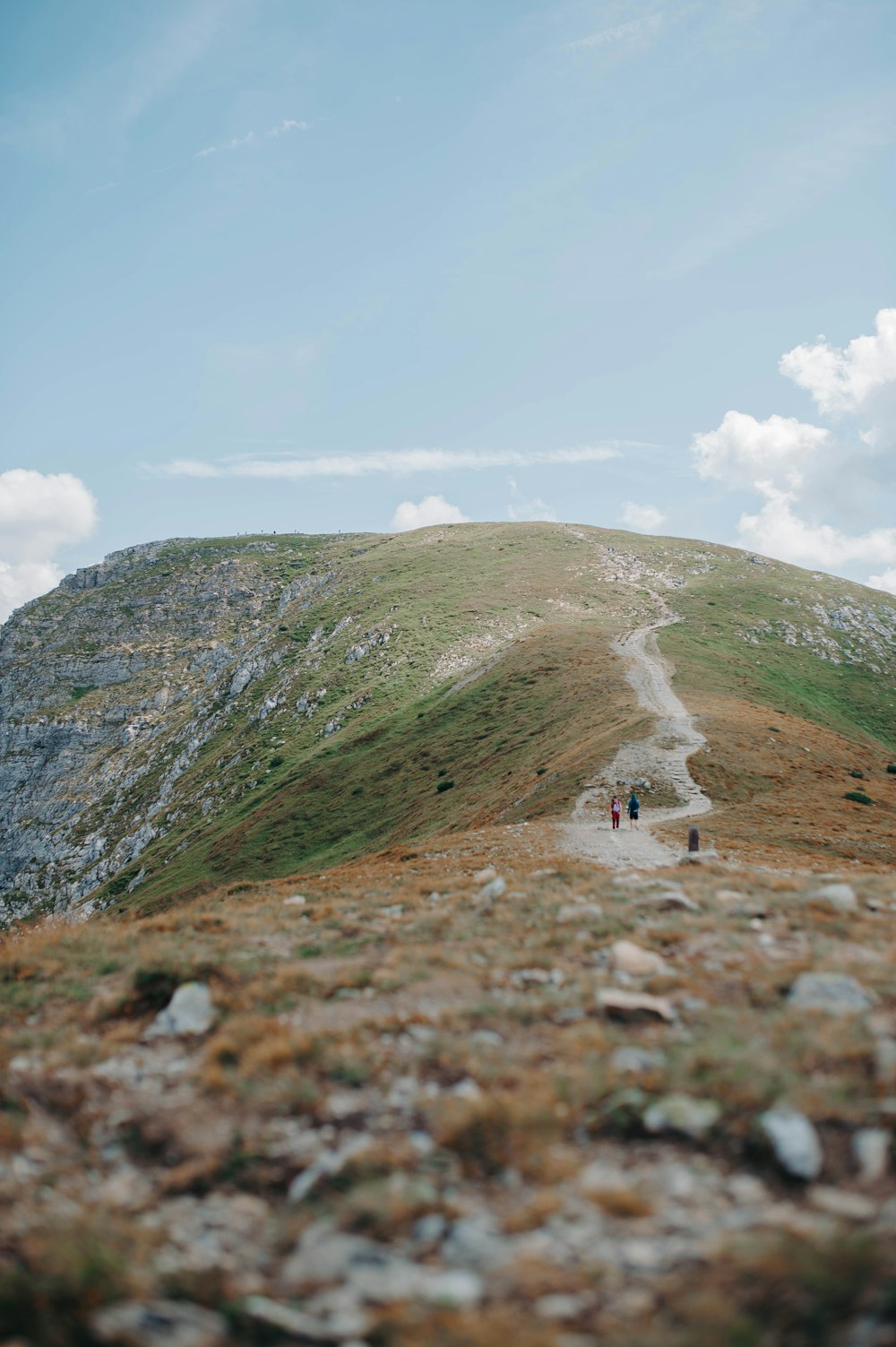 a couple of people walking up a hill