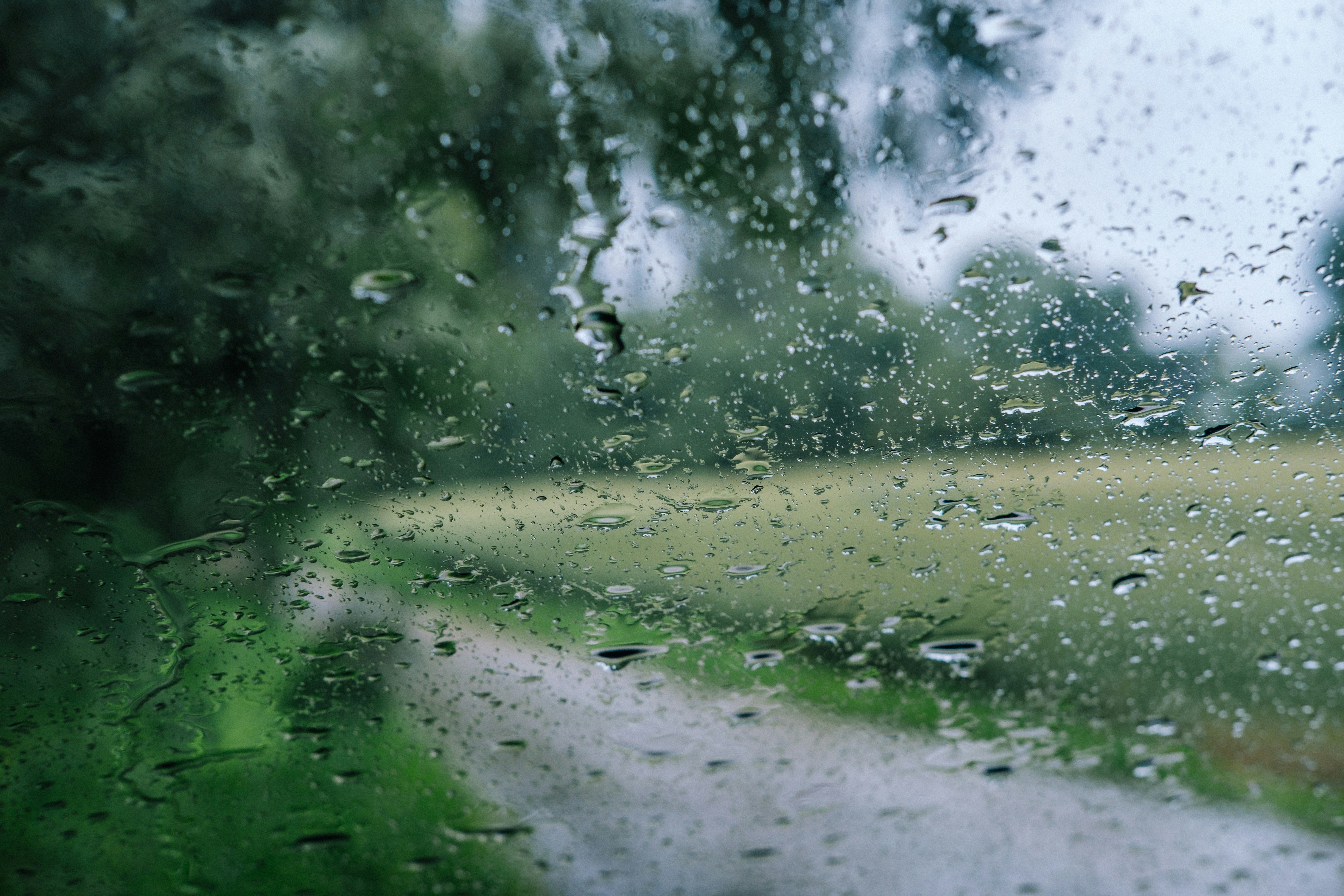 Path through a park seen through a rain-covered window