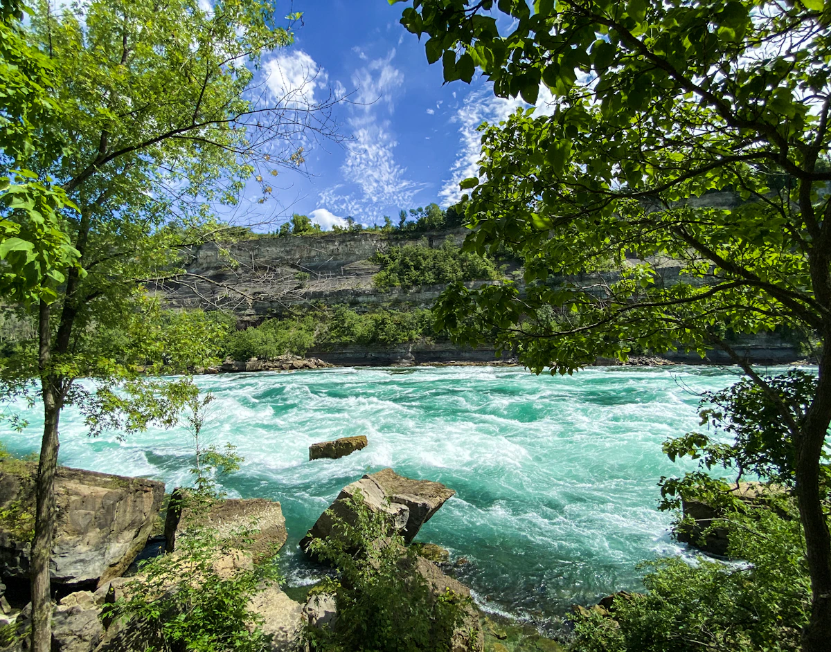 River running past a cliff in a forested gorge, representative of the Niagara Gorge