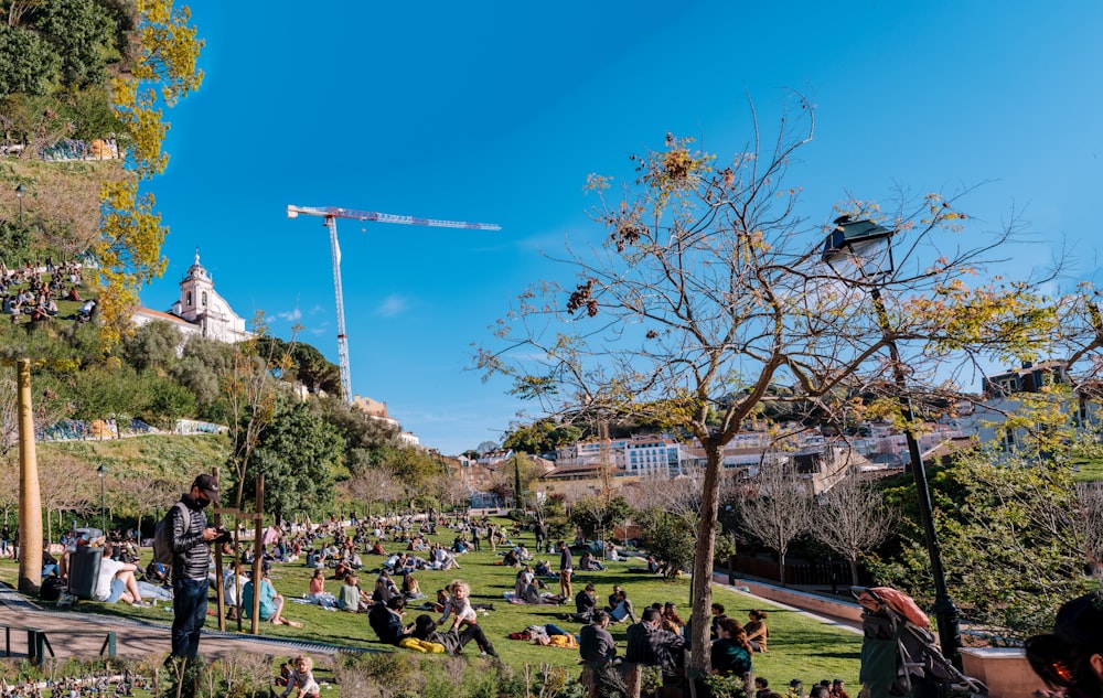 a group of people sitting in a park with a crane in the background