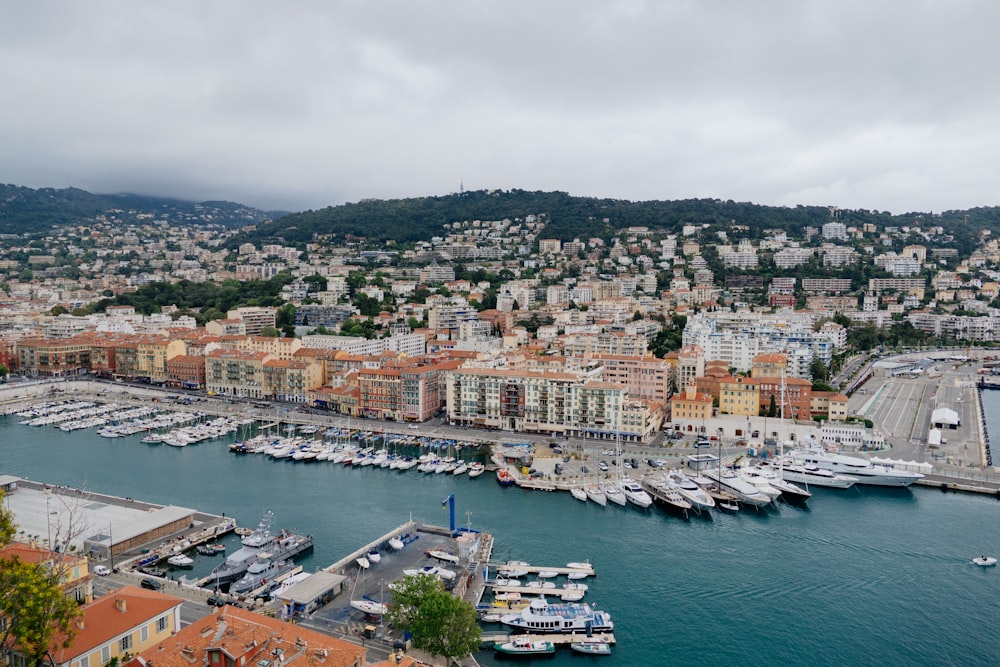 a harbor filled with lots of boats next to a city