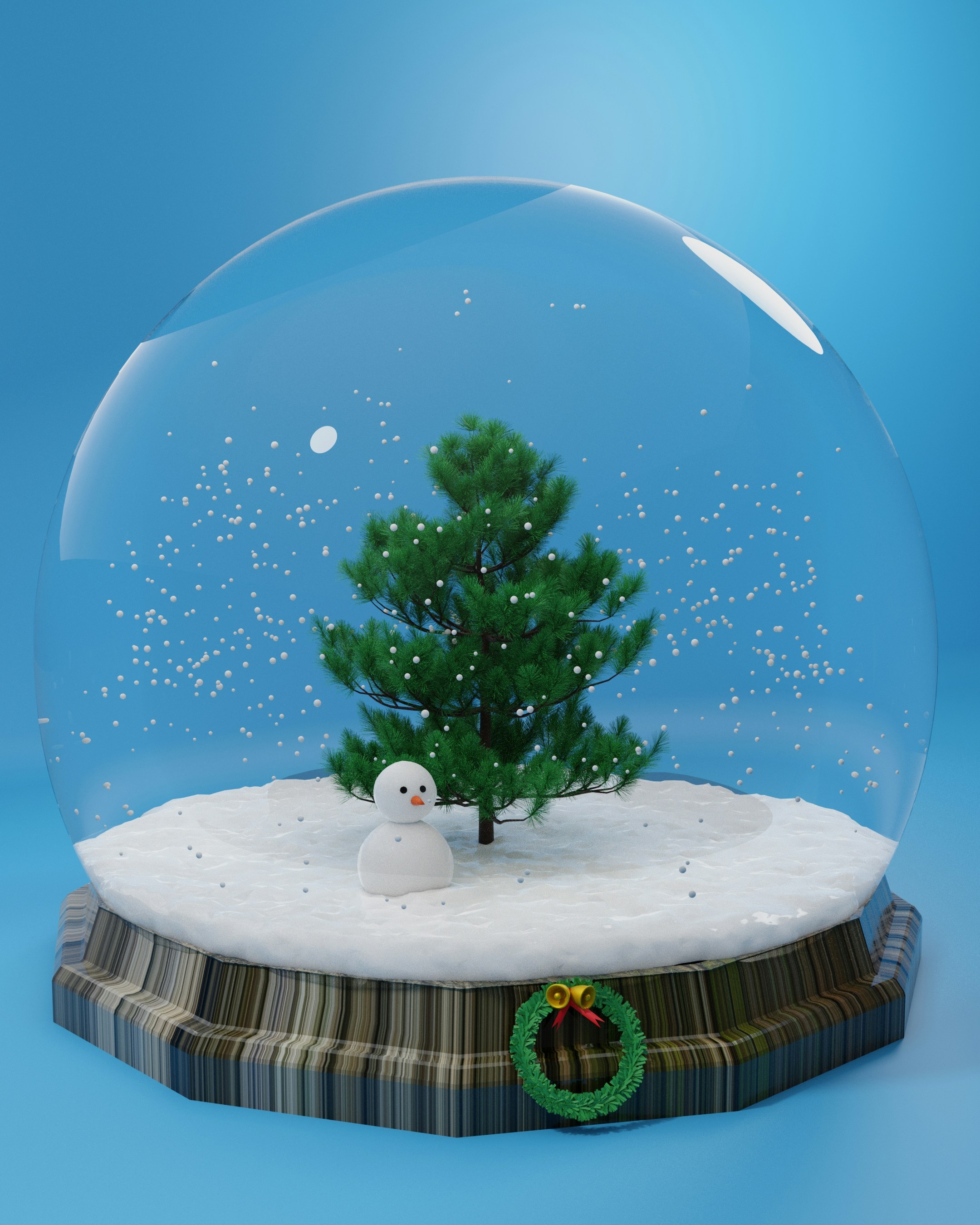 Une boule à neige avec un bonhomme de neige et un arbre de Noël à l’intérieur