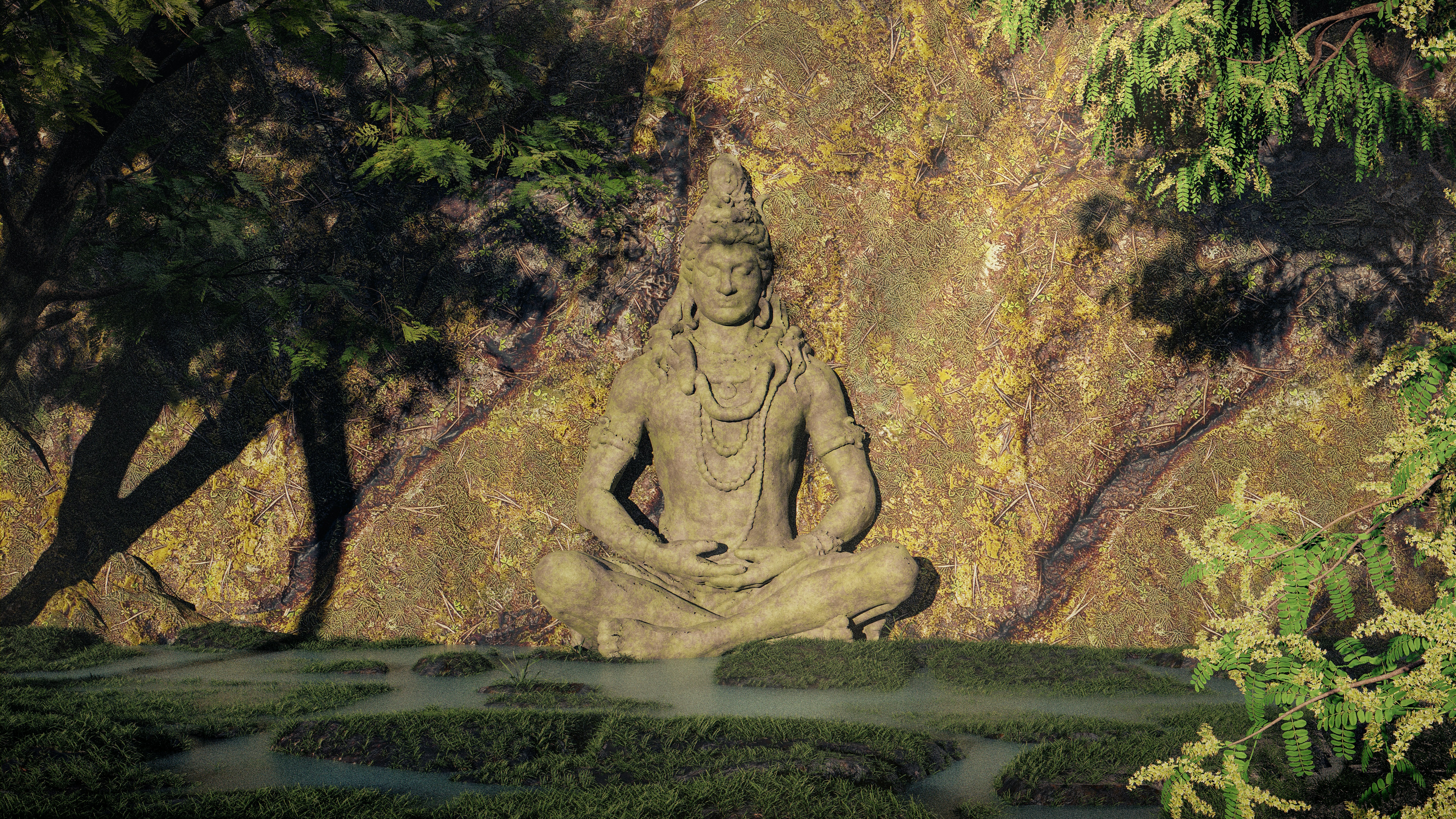 a statue of a man sitting in the middle of a garden