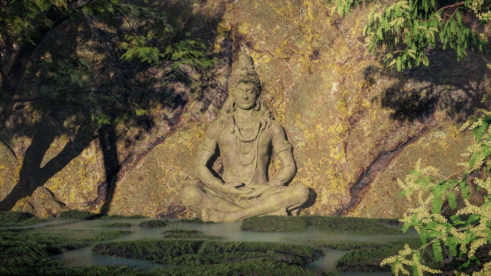a statue of a man sitting in the middle of a garden