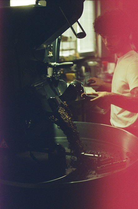 Artisan roasting process of coffee beans.