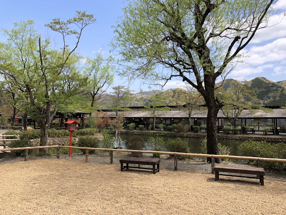 a couple of benches sitting next to a river