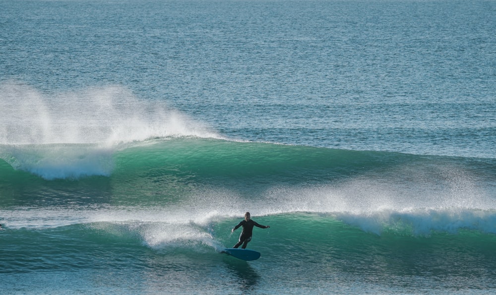 a man riding a wave on top of a surfboard