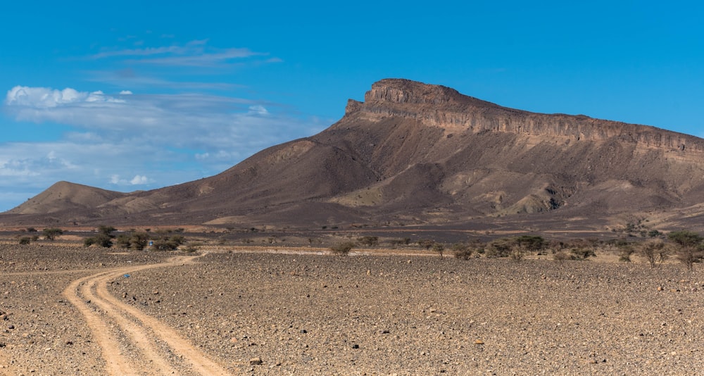 a dirt road with a mountain in the background