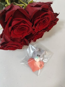 A bouquet of vibrant red roses placed beside a small toy bear holding a red heart, encased in a clear plastic bag.