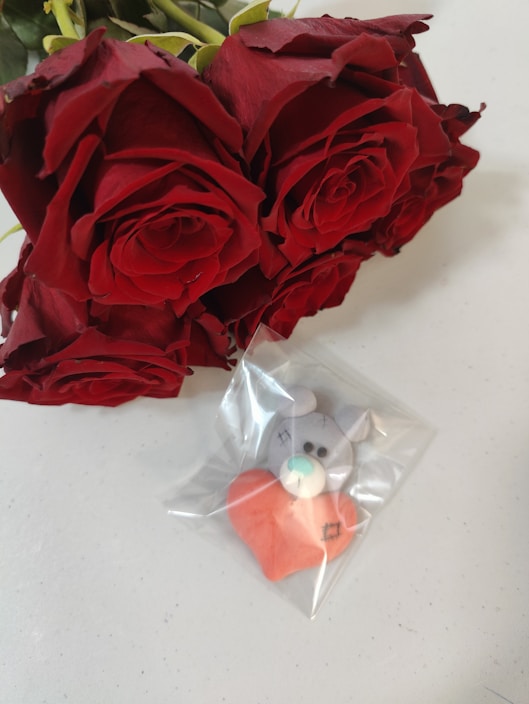 A bouquet of vibrant red roses placed beside a small toy bear holding a red heart, encased in a clear plastic bag.