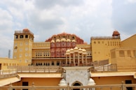 A vibrant Jaipur haveli with traditional Rajasthani decor and bright colors.