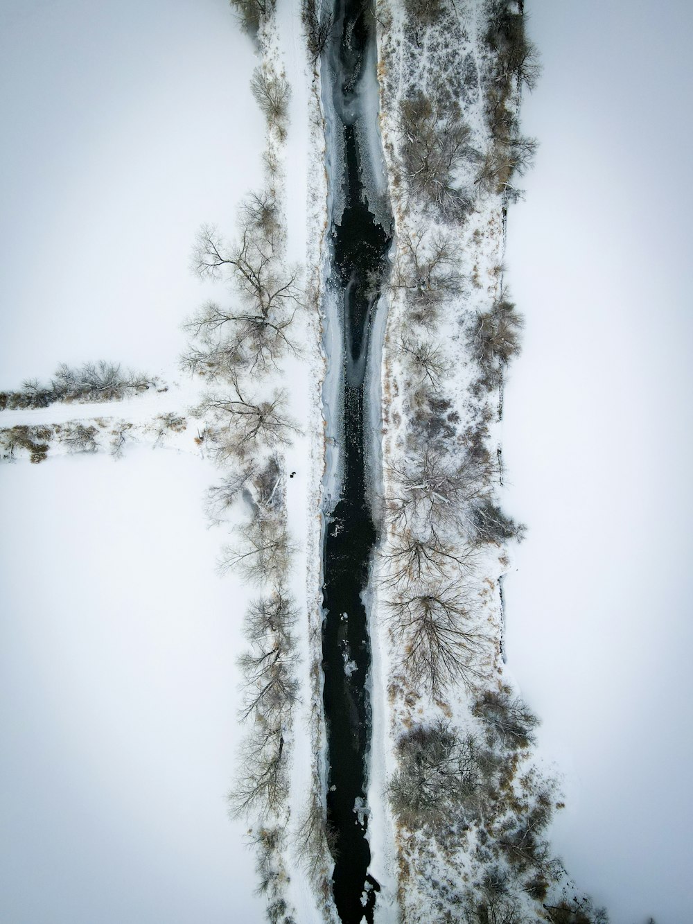 an aerial view of a snow covered road and trees