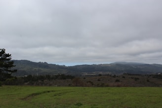 A wide-angle landscape of rolling hills under a cloudy sky.