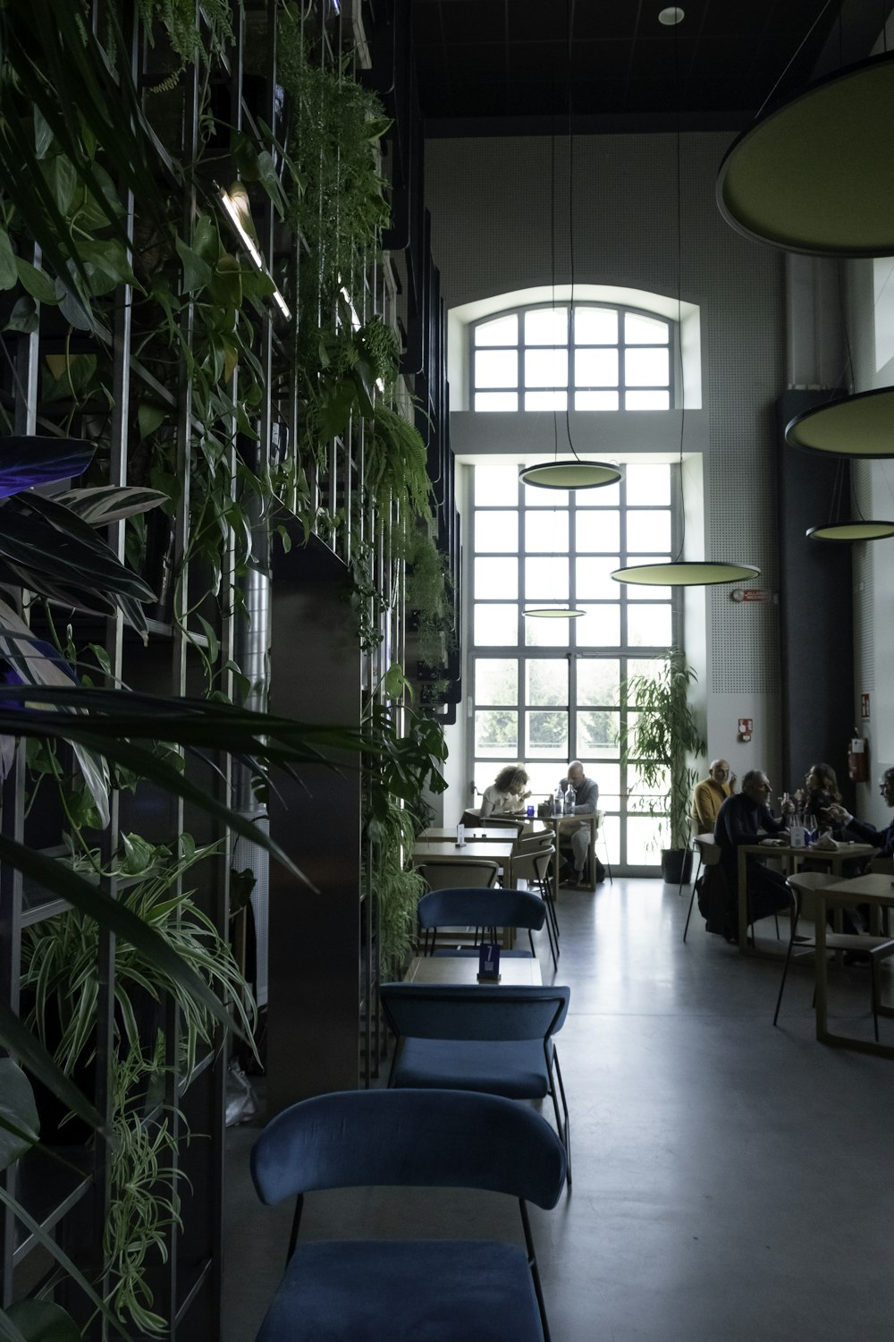 a room filled with lots of plants and people sitting at tables