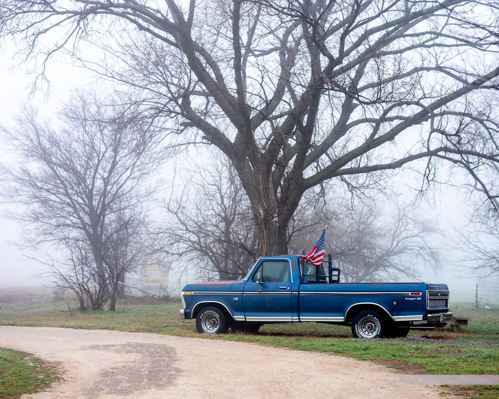 a blue truck with an american flag in the back