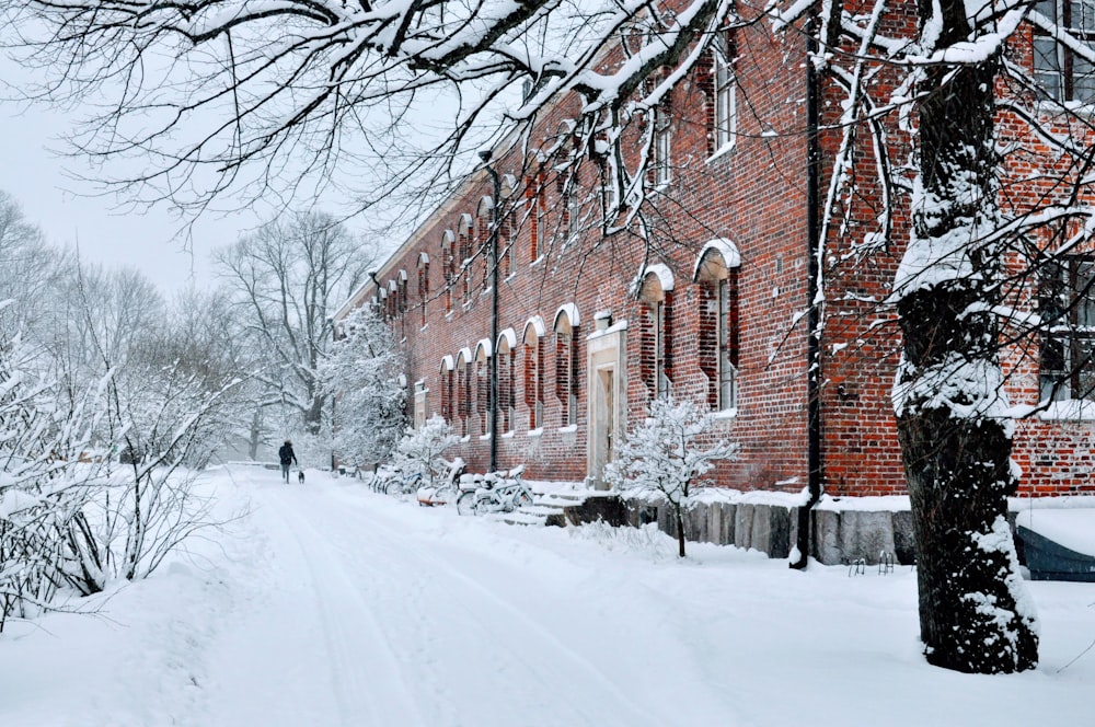 a person walking down a snow covered street