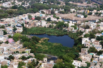 An aerial view of Lagos Island showcasing a cluster of residential buildings surrounded by bustling city life.