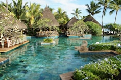 thatched cottages and a large pool with a statue in the middle of it